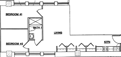 Floor plan for 2 beds, 1 bath, 638 sqft